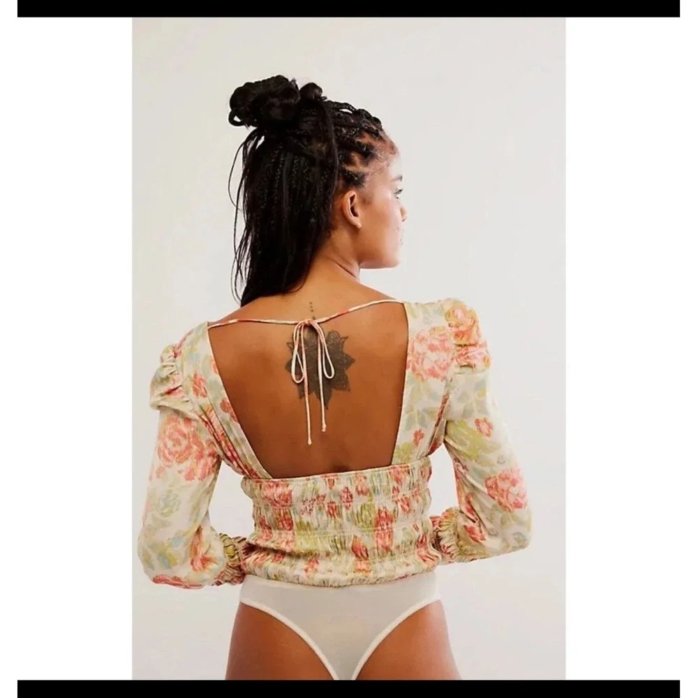 Intimately Free People‎ Boho Floral Smocked Bodysuit Milkmaid Size S Whimsical